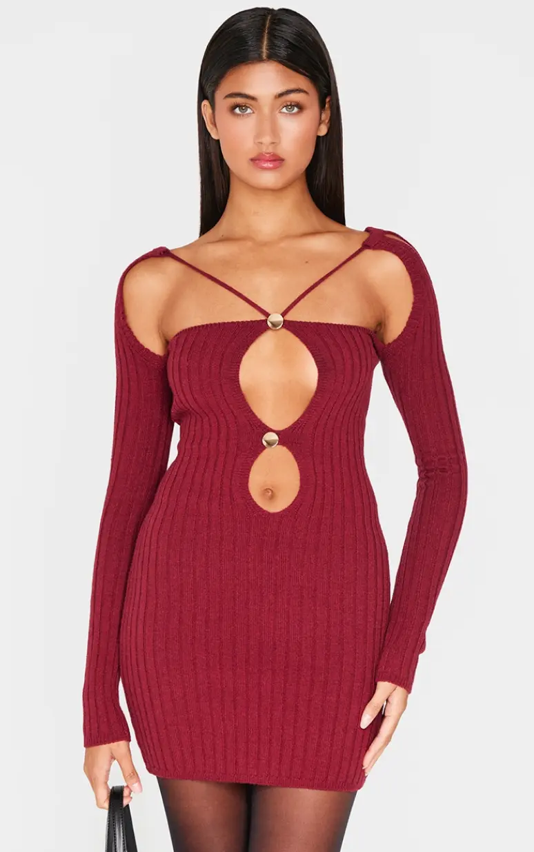 Pencere Detaylı Bordo Triko Mini Elbise