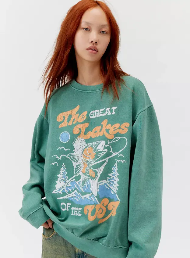 Retro Baskılı Yeşil Sweatshirt