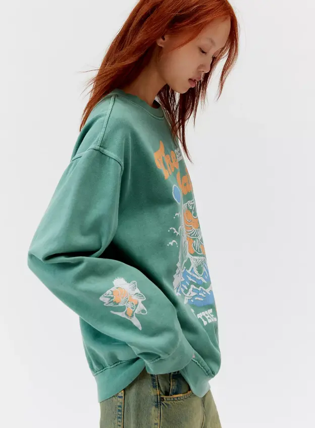 Retro Baskılı Yeşil Sweatshirt